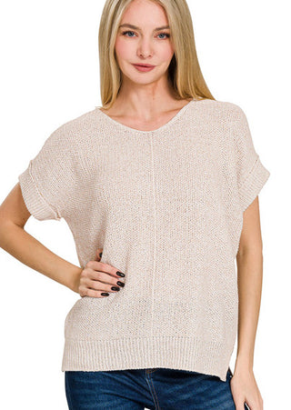 Zenana Center Seam Short Sleeve Sweater Heather Mocha