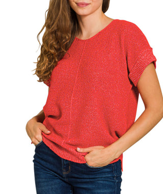 Zenana Center Seam Short Sleeve Sweater Ruby