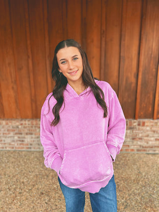 Zenana Fleece Acid Wash Kangaroo Pocket Hoodie Mauve