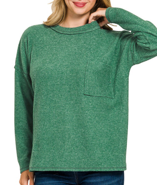 Zenana Ribbed Brushed Melange Hacci with Pocket Dk Green