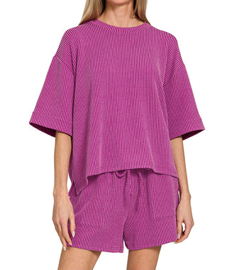 Zenana Raised Rib Short Sleeve Tee & Short Set Plum 8588