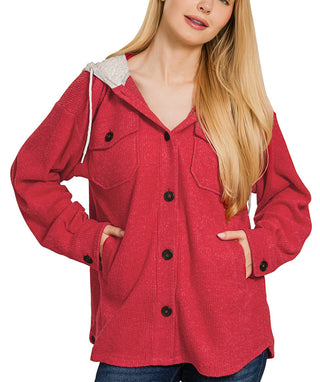 Zenana Brushed Ribbed Button Down Shacket Dark Red