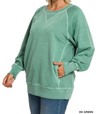 Zenana Pigment Dyed French Terry Pullover with Pockets Dk Green