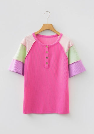 66 Disco Twisted Rib Color Block Henley Top Pink