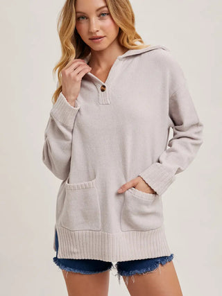 Bluivy One Button Front Flap Collar Ribbed Knit Sweater Pullover Dove