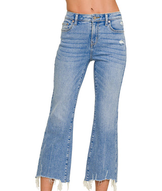 Zenana Medium Wash Kick Crop Flare Denim Pants 1646MM