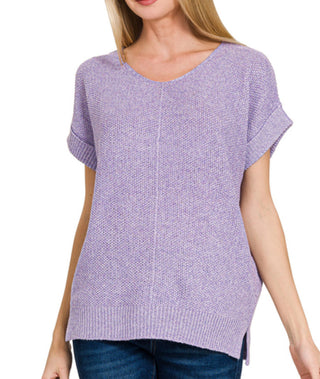 Zenana Center Seam Short Sleeve Sweater Lavender