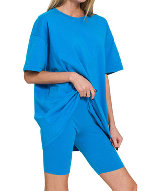 Zenana Cotton Round Neck Top & Biker Shorts Ocean Blue