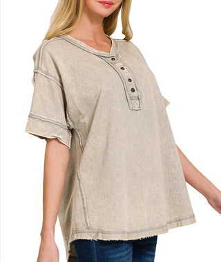 Zenana Raw Edge Detailed Button Closure Scoop Neck Top Sleet