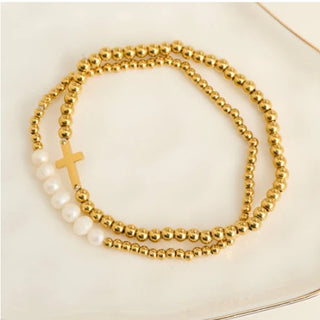 Howard's Narelle Waterproof Pearl and Cross Stretch Bracelet Set Gold