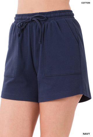 Zenana Cotton Drawstring Waist Shorts Navy