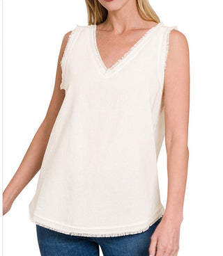 Zenana Frayed Edge V-Neck Sleeveless Top Ivory