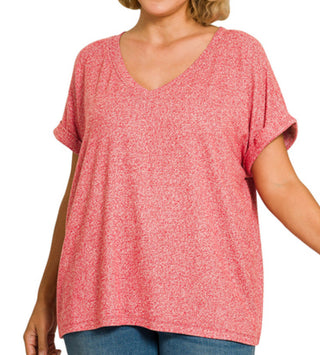 Zenana Soft Melange Hacci V-Neck Tee Dark Red
