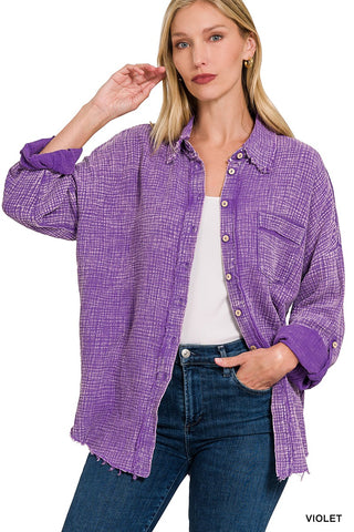 Zenana Washed Double Gauze Button Down Shirt Violet