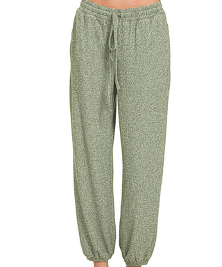 Zenana Soft Melange Hacci Tie Front Joggers Dark Olive