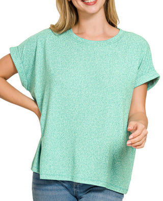 Zenana Soft Melange Hacci Short Sleeve Top Kelly Green