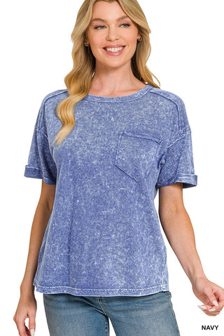 Zenana Halo Snow Washed Relaxed Fit Tee Navy