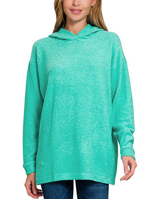 Zenana Hooded Brushed Melange Hacci Sweater Turquoise