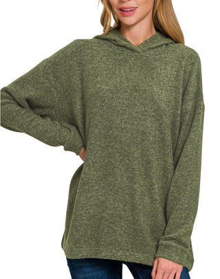 Zenana Hooded Brushed Melange Hacci Sweater Dark Olive