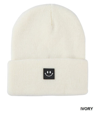 Zenana Smiley Face Patch Beanie Ivory