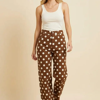 Polka Dot High Rise Straight Let Pants Brown/Wht