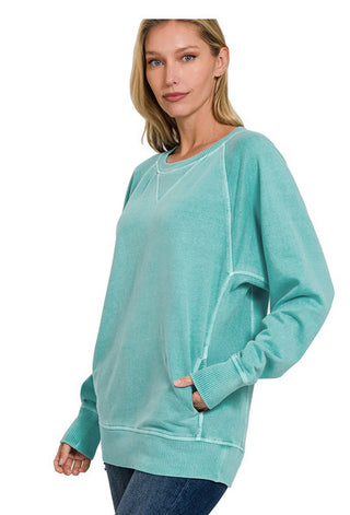 Zenana Pigment Dyed French Terry Pullover with Pockets Turquoise