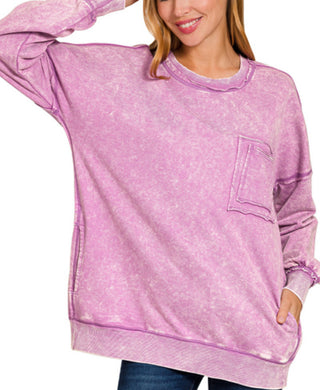 Zenana Acid Wash Raw Edge Front Pocket Pullover B Violet