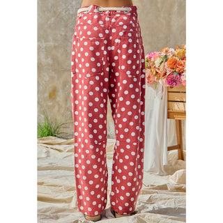 BiBi Polka Dot Print Denim Pants with Waist Belt Red