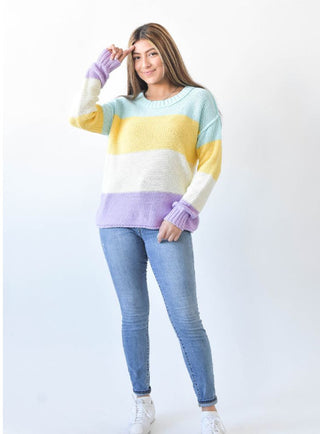 Sew In Love Crewneck Knit Long Sleeve Sweater Yellow Lilac