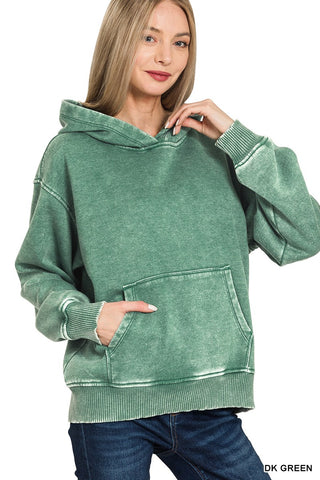 Zenana Fleece Acid Wash Kangaroo Pocket Hoodie DK Green