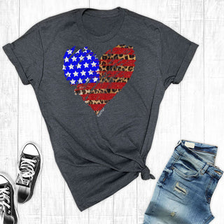 Patriotic Distressed Leopard Heart Graphic T-Shirt