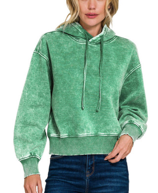 Zenana Acid Wash Fleece Cropped Hoodie Forest