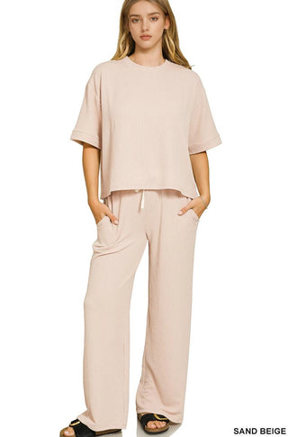 Raised Rib Short Sleeve Tee & Pants Set Sand Beige