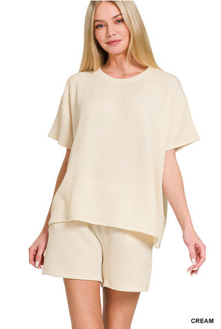 Zenana Ribbed Short Sleeve Tee & Shorts Set Cream 8544