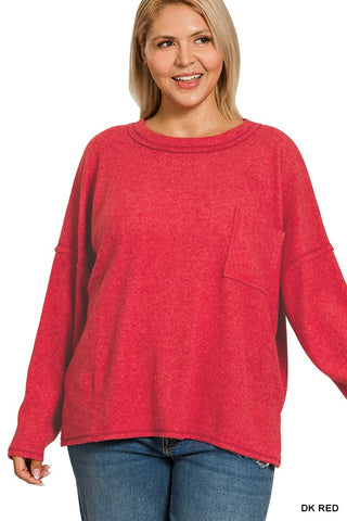 Zenana Ribbed Brushed Melange Hacci Sweater with Pocket DK Red