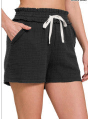 Zenana Double Elastic Band Linen Drawstring Waist Shorts Black