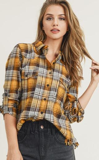 Risen Plaid Frayed Hem Hi & Lo Shirt Yellow