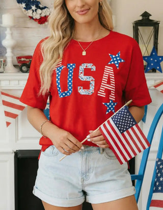 66 Disco USA Patriotic Star Patched Oversized Tee Red