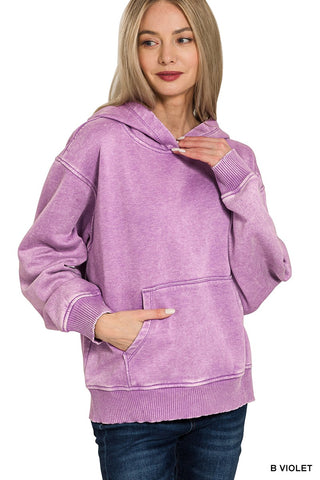 Zenana Fleece Acid Wash Kangaroo Pocket Hoodie B. Violet