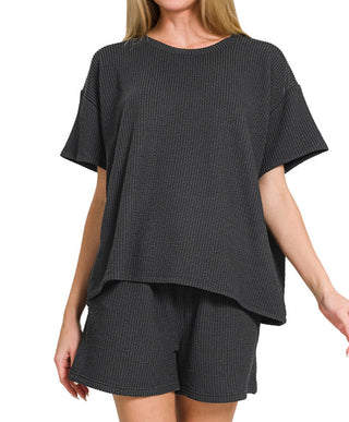 Zenana Ribbed Short Sleeve Tee & Shorts Set Black 8544