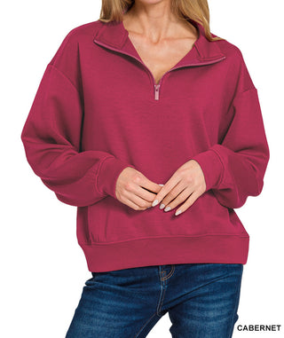 Zenana Scuba Half Zip Pullover Sweatshirt Cabernet