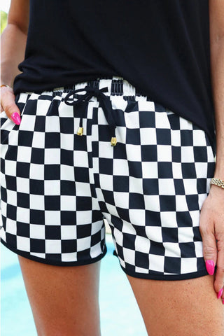 Lovesoft Black Checkered Drawstring Elastic Waist Shorts