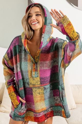 Bibi Overlock Edge Brushed Check Hoodie Lavender Multi