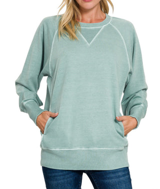 Zenana Pigment Dyed French Terry Pullover with Pockets Ash Blue
