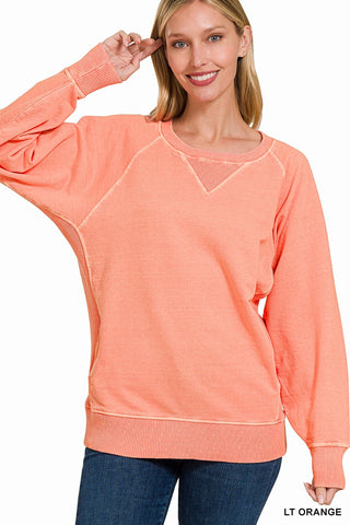 Zenana Pigment Dyed French Terry Pullover with Pockets Light Orange
