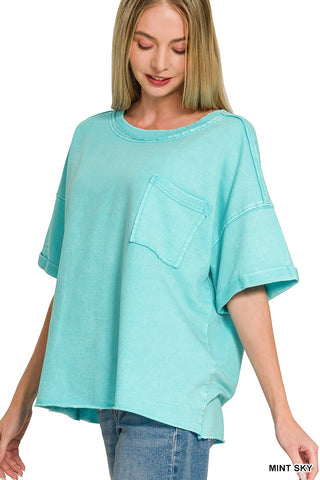 Zenana French Terry Acid Washed Exposed Seam Tee Mint Sky