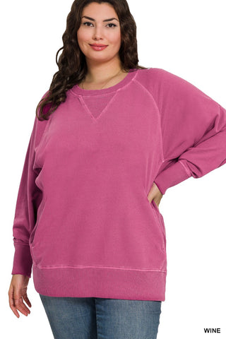Zenana Pigment Dyed French Terry Pullover with Pockets Wine