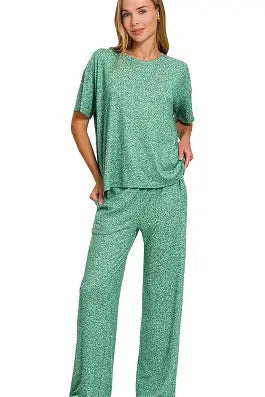 Soft Melange Short Sleeve Tee & Long Pants Set Dark Green