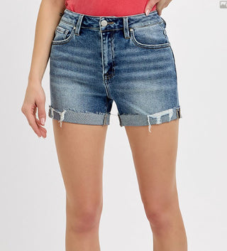 Risen High Rise Ripped Hem Shorts Medium Wash 1308