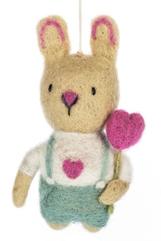 Wool Bunny Ornament w/Heart Blue Bibs